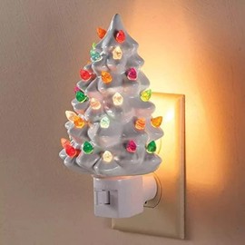 Pine shine Ceramic Christmas Tree Night Light – 6" Nostalgic Vintage Plug-in Decoration, Holiday Decor for Home, Room, Lighted Ceramic Tree for Kids/Adults. 4th July Independence Day US Flag (White)
