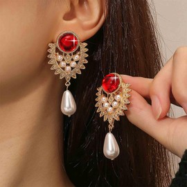 Allereya Boho Pearl Teardrop Dangle Earrings Gold Pearl Waterdrop Earrings Red Onyx Earrings Pear Pearl Earrings Red Ruby Stud Earrings Jewelry for Women