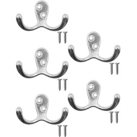 Fuxxer® 5 x Classic Double Hooks, Wardrobe Hooks, 70 x 48 mm, Chrome, Silver, Set of 5