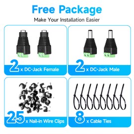 2PCS 20ft 6M DC Power Extension Cable, DC 12V 5.5mm x 2.1mm Extension Cord with Power Jack Adapter Connectors(2 x Male+2 x Female)/Wire Clips/Cable Ties for Security Camera/Router/LED Strip/Printer