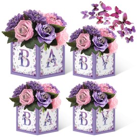 GOGOPARTY Decoraciones de cajas de baby shower con diseño floral de mariposas moradas, 4 cajas de centro de mesa florales con letras de bebé, revelación de género, decoración de centro de mesa sin flores
