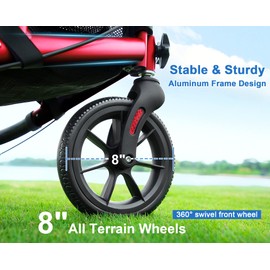 WALK MATE 3 Wheel Rollator Walker with Seat for Slim Seniors, Padded Backrest Lightweight Foldable Walker Ideal for Elderly, 8 Inch Tri-Wheel Modern Mobility Walking Aid Aluminum, Red