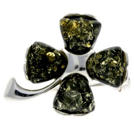 Baltic Amber Sterling Silver Clover Brooch - GL819, Sterling Silver, Green Amber