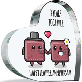 3rd Anniversary Plaque Gifts for Wife Husband - Happy Leather Anniversary - I Love You Romantic Acrylic Heart Gift For Women Men, 100mm x 100mm Present For Couples Third Wedding Anniversaries