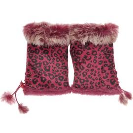 STEK Women Winter Faux Fur Half Finger Gloves Girls Warm Fingerless Mittens (Leopard Red)