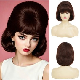 Retro Brown Wig for Women 60s Vintage Bob Short Doll Curly Wigs with Bangs Cosplay Halloween Costume Wig