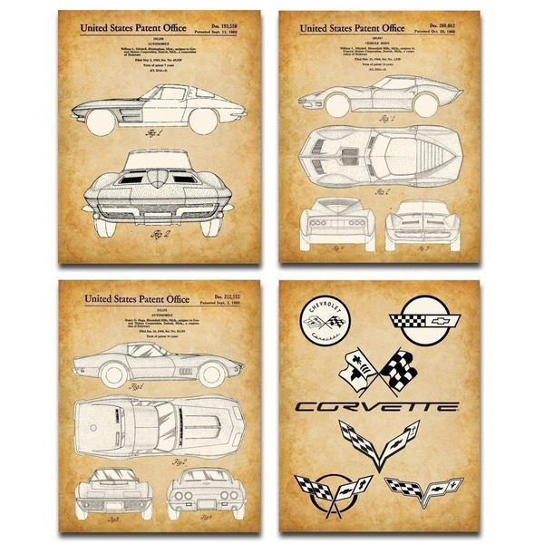 Original Corvette Patent Art Prints - Set of Four Photos (8x10) Unframed - Makes a Great Man Cave Decor and Gift Under $20 for Corvette Owners and Car Enthusiasts