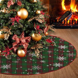 Christmas Tree Skirt, Red and Green Buffalo Plaid Tree Skirt Snowflake Thick Xmas Tree Skirt for Holiday Party Christmas Tree Decorations Indoor Outdoor 48 Inches(120cm)