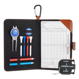Handy Picks Golf Scorecard Holder n Yardage Book Cover - Divot Repair Tool, Ball Marker, Golf Tees, Scorer, Pencil n Scorecards Included - Gift for Golfers (Light brown)