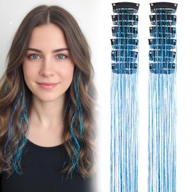 12 Pcs Blue Clip-in Hair Tinsel Extensions Kit, 20 Inch Blue Hair Extensions for Girls and Women, Easy to install, Glitter Hair Accessories for Party, Festival, Cosplay, Valentine's Day, Halloween