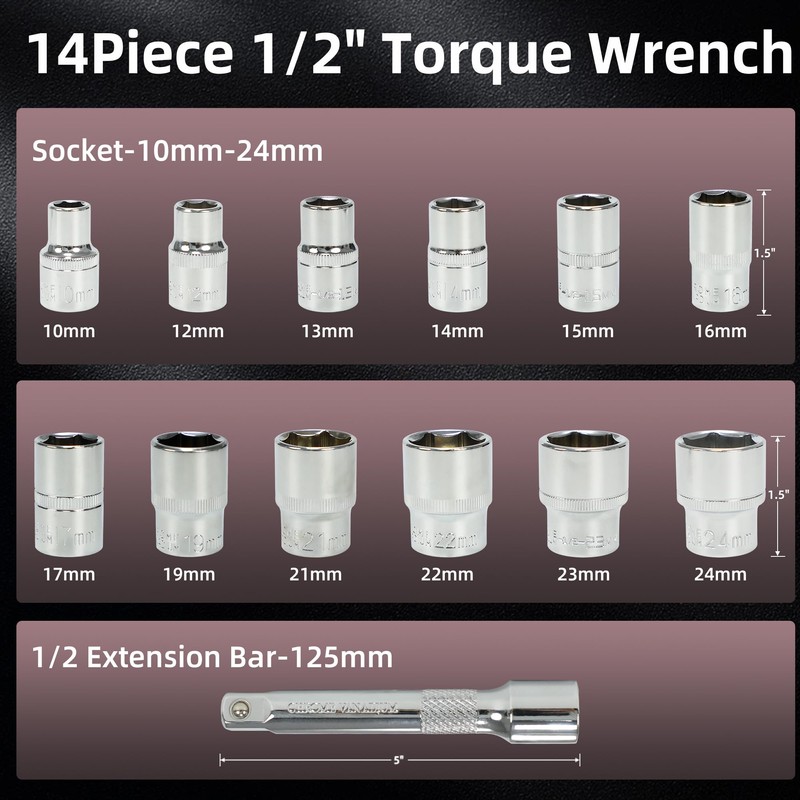UYECOVE 14Pcs 1/2-Inch Drive Click Torque Wrench Set 10-170 ft.lb/13.6-230.5