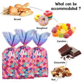 JEQUD 50pcs Mermaid Goodie Bags - Ocean Party Favor Bag, Little mermaid Cello Cellophane Gift Candy Treat Bags with 50Pcs Twist Ties for Kids Girls Mermaid Themed Birthday Party Supplies Favors