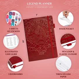 Legend Planner PRO – Deluxe Weekly & Monthly Life Planner to Increase Productivity and Hit Your Goals. Time Management Organizer Notebook – Undated – 7 x 10" Hardcover + Stickers – Wine Red