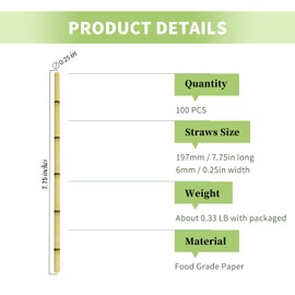 Bamboo Paper Straws Yellow 100 Packs, 100% Biodegradable Yellow Bamboo Design Disposable Cocktail Straws Drinking for Juice, Coffee, Soda, Smoothies