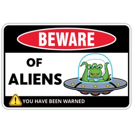 Venicor Beware of Alien Sign - 8 x 12 Inches - Aluminum - Alien Decor - Gift For Alien Lovers - Ufo Sign Room Decor - Metal Aliens Bedroom Decorations - Area 51 Wall Poster Things Stuff Tapestry