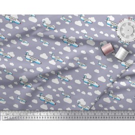 Soimoi Gray Velvet Fabric Clouds & Airplane Transport Fabric Prints by Yard 58 Inch Wide