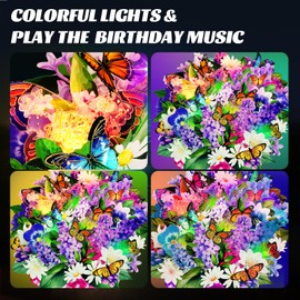 Musical Birthday Card, 3D Butterfly & Violet Bouquet Birthday Card with Lights & Music, Paper Floral Bouquet Pop-up Happy Birthday Cards for Girls, Women, Grandma, Mum, Wife, Daughter, Granddaughter