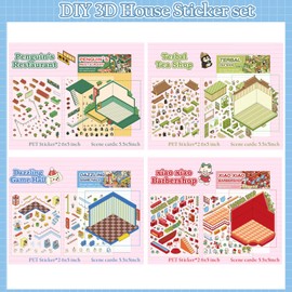 Snycler DIY 3D House Sticker Kit - 4 Sets of 3D Cartoon Scene Miniature Stickers for Adults & Kids, Fun Room Decor, Stress Relief, Creative Wall Art, Home Decoration（shops）