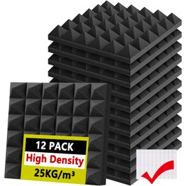 Foneso Acoustic Foam Panels 12'' x 12'' x 2'', Sound Insulation Wall, Black Acoustic Foam Mats for Sound Studio, Podcast Recording, TV Room, Playrooms and Offices