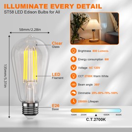 Kawaya E26 LED Edison Bulbs: 6W Equivalent 60 Watt Dimmable LED Light Bulbs - Vintage Warm Lights 2700k 800 Lumens High Brightness Filament Bulbs with 90+ CRI - Clear Glass, 6 Pack