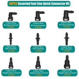 30pcs Fuel Line Repair Kit, Assorted Fuel Line Quick Connectors Hose Release Connect Fittings SAE 7.89mm 9.49mm 9.89mm to ID 8mm
