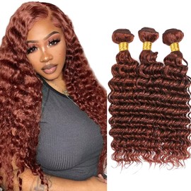 Color #33 Bundles Human Hair Reddish Brown Deep Wave Human Hair Bundles Copper Red Bundles Hair Weave 3 Bundles 12 14 16 Inch Auburn Bundles