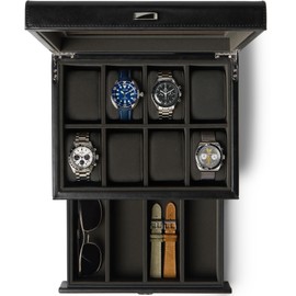 TAWBURY 8 Slot Watch Box with Storage Drawer | Elevate Your Collection with this Premium Black PU Leather Watch Box for Men | Featuring Extra-Wide Pillows for Oversized Watches (Black/Charcoal)