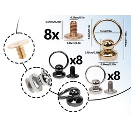 Lhbwhiz Pack of 24 O Ring Screw Rivets, Press Stud Rivets, Studs Screw Ring Rivets with Ring, 6 mm Head Button Stud Rivets, 3 Colours (Gold, Silver, Black)