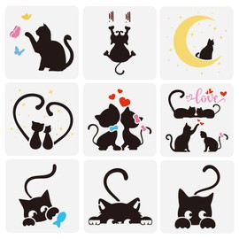 FINFERINSPIRE Pack of 9 Stencils with Peeping Cats for Painting 15 x 15 cm Cute Cats Drawing Templates Pet Moon Star Heart Pattern Painting Stencils Butterfly Fish Cat Couple Templates for DIY
