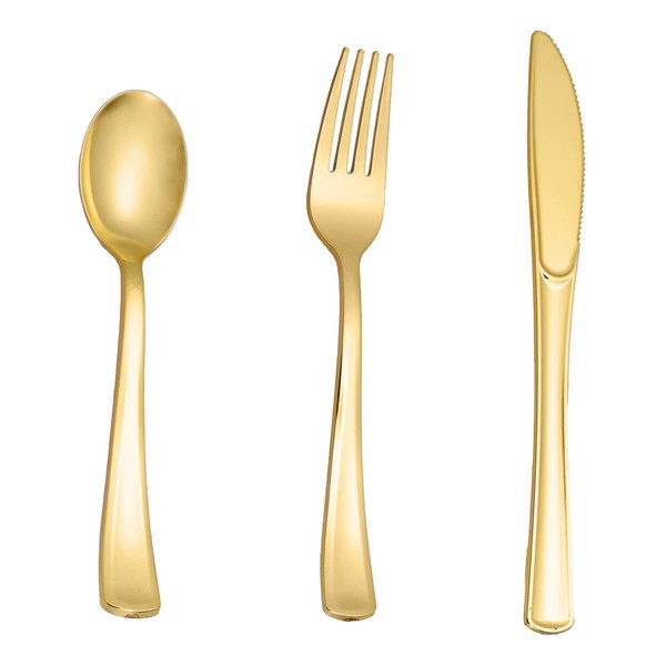 N9R 160pcs Gold Plastic Silverware - Gold Plastic Utensils Set - Tableware Flatware Kit 80 Gold Forks, 40 Gold Spoons, 40 Gold Knives Disposable Gold Cutlery for Party, Wedding, Birthday