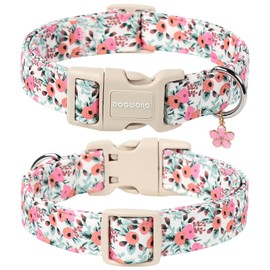 DOGWONG Flower Cotton Dog Collar, Spring Summer Cute Pink Dog Collar Durable Soft Fabric Pet Dog Collars Female Girl Necklace for Small Medium Large Dogs