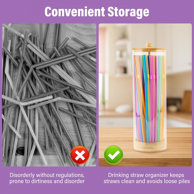 10 Inch Acrylic Straw Dispenser with Bamboo Lid, 100 Colorful