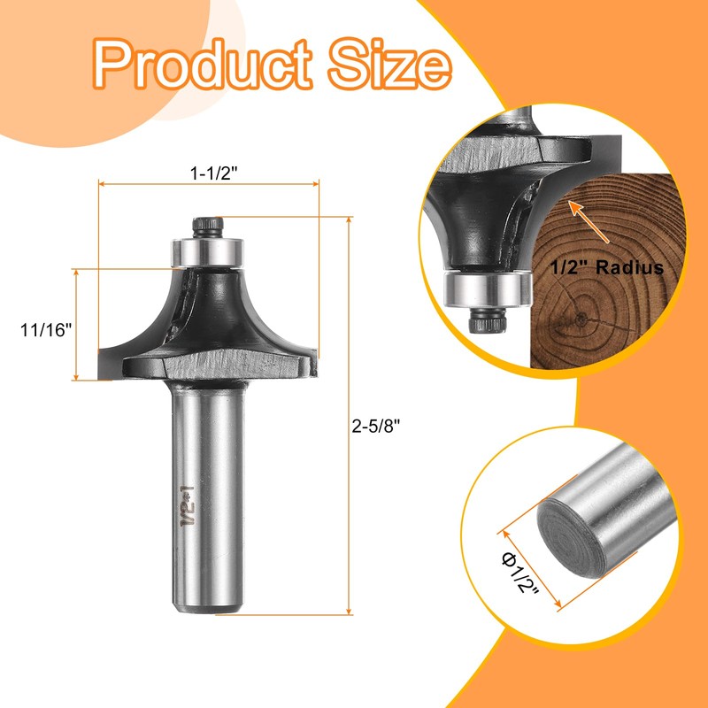 sourcing map Roundover Router Bit 1/2" Shank 1" Cut Diameter