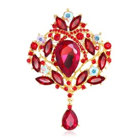 Reizteko Wedding Bridal Big Crystal Rhinestone Bouquet Brooch Pin for Women (Gold-Toned red)