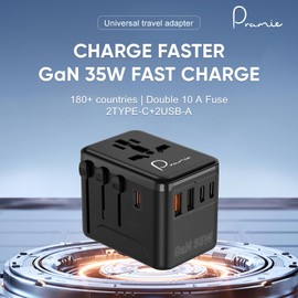 Pramie Universal Travel Adapter, GaN 35W International Plug Adapter with 2 Type C & 2 USB and 1 Quick Charging Ports, Available Plugs for EU/UK/AUS/US, Black Socket Mix Design