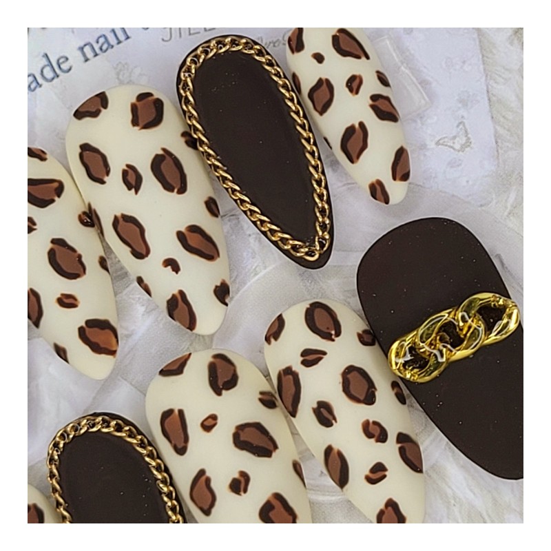 Chain Leopard Matte Handmade Nail Tips - Oval M /