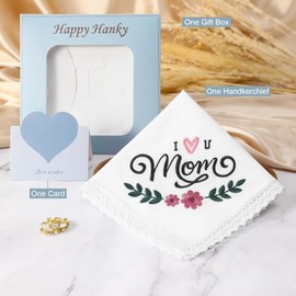 HOULIFE Embroidered Handkerchiefs for Mom Women Vintage Floral Pattern White Cotton Handkerchief Gift for Mum Wedding Mother's Day Birthday, I ♡U mom