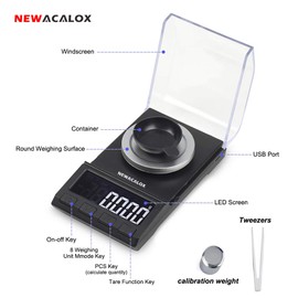 Milligram Scale with USB Supply, NEWACALOX Reloading Scale 100 x 0.001g, High Precision Portable Multifunction Lab Powder Scales with Calibration Tare Weights, Tweezers, Weighing Pans Black