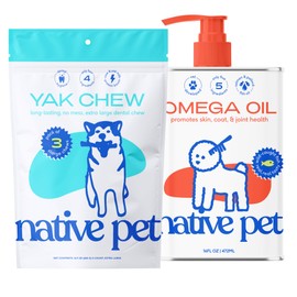 Native Pet Native Pet Yak Chews & Omega Oil for Dogs - Dog Fish Oil Supplements - Pasture-Raised and Organic Yak Cheese Himalayan Churpi Chews - Omega 3 Supplement 16 Oz. & 3 Extra Large Yak Chews