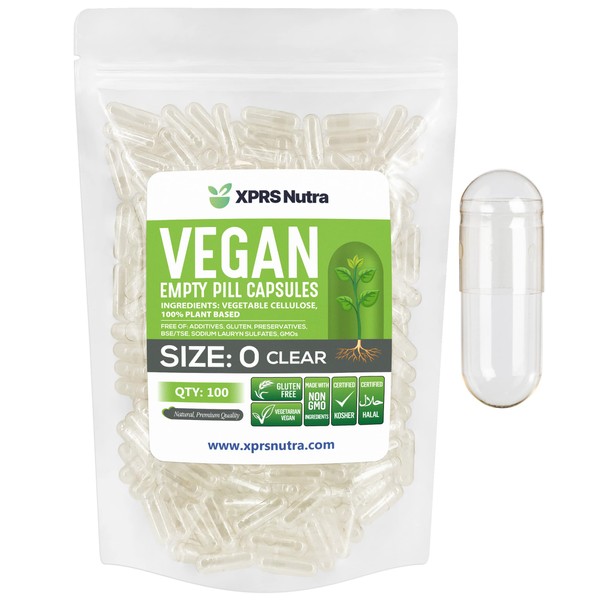 XPRS Nutra Size 0- Empty Vegan Capsules - Vegetarian - DIY Vegetable Capsule Filling - Veggie Pill Capsules Empty Caps (100 Count, Clear)