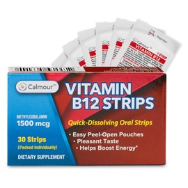 CALMOUR Vitamin B12 Strips 30 Pack | Easy Oral Dissolvable Mint Flavored Strips | 1500 mcg Strips | VIT B12 Dissolve Under Tongue | Methylcobalamin B-12 Vitamin Formula | Vegan Friendly & Gluten Free