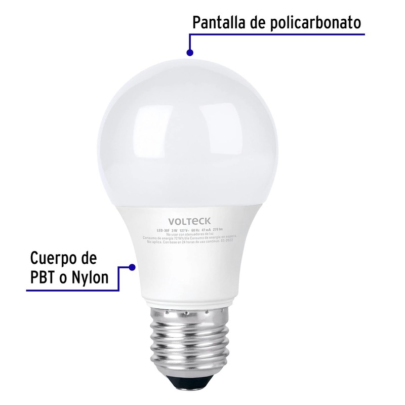 Volteck LED-30F, Lámpara de LED, A19, 3 W, luz de