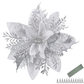 Lukinuo Silver Poinsettia Artificial Flowers 12pcs 5.5in Christmas Flowers with Clips and Stems Glitter Christmas Tree Decorations for Xmas Wreath Christmas New Year Holiday Seasonal Ornaments