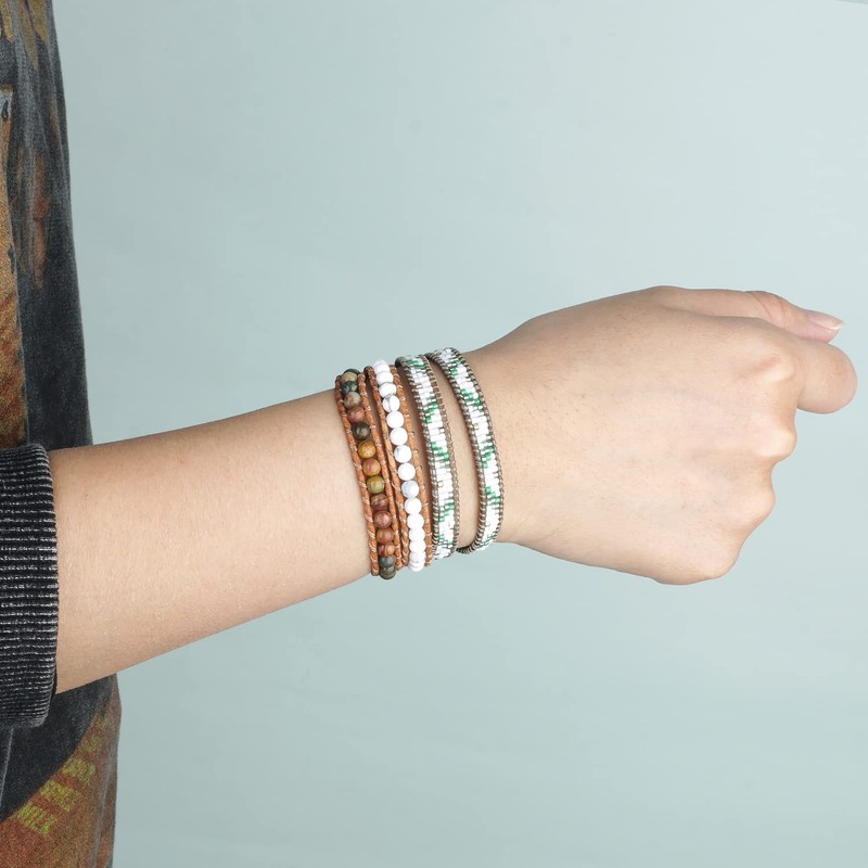 KELITCH Agate Tiger Eye Beads Bracelet Bangle Leather 2 Wraps