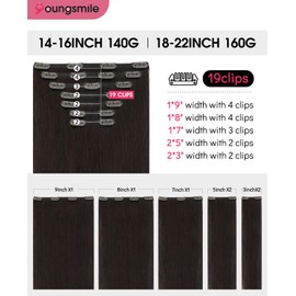 Youngsmile Real Human Hair Extensions Clip in, 20 Inch 160g 7 pieces,No Tangle No Shedding,Thick End,Clip in Human Hair Extensions, Color 2 Dark Brown (7C#2-20Inch)