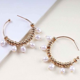 Cimenexe Bohemia Pearl Hoop Drop Earrings Gold Pearl Beads Hoop Earrings Pearl Hoop Huggie Earrings Vintage Pearl Circle Earrings Jewelry for Women and Girls Gifts