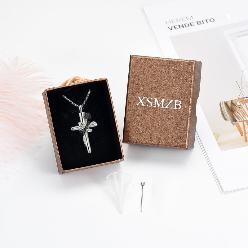 XSMZB Cross Cremation Jewelry for Ashes Human Pet Rose Flower