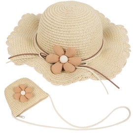 MAMUNU Straw Hat and Small Bag Set, Girls Children Summer Sun Hat, Beach Hat Children with Flower Decoration for Holidays Travel Outdoor Activities, Style02 Beige