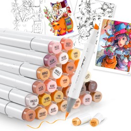 Ohuhu Honolulu Series Marker Pen, Brush Type, 36 Colors, Skin Color, Professional Use, Illustration, Brush, Bold Point, Skin Color, Alcohol Marker, Blender Pen Included