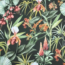 Kt KILOtela Half Panama Canvas Fabric Digital Print - 100% Cotton - Width 280cm - Choose Length 50 by 50cm - Tropical Flowers - Pink, Orange, Green, Black - Sold by the Metre